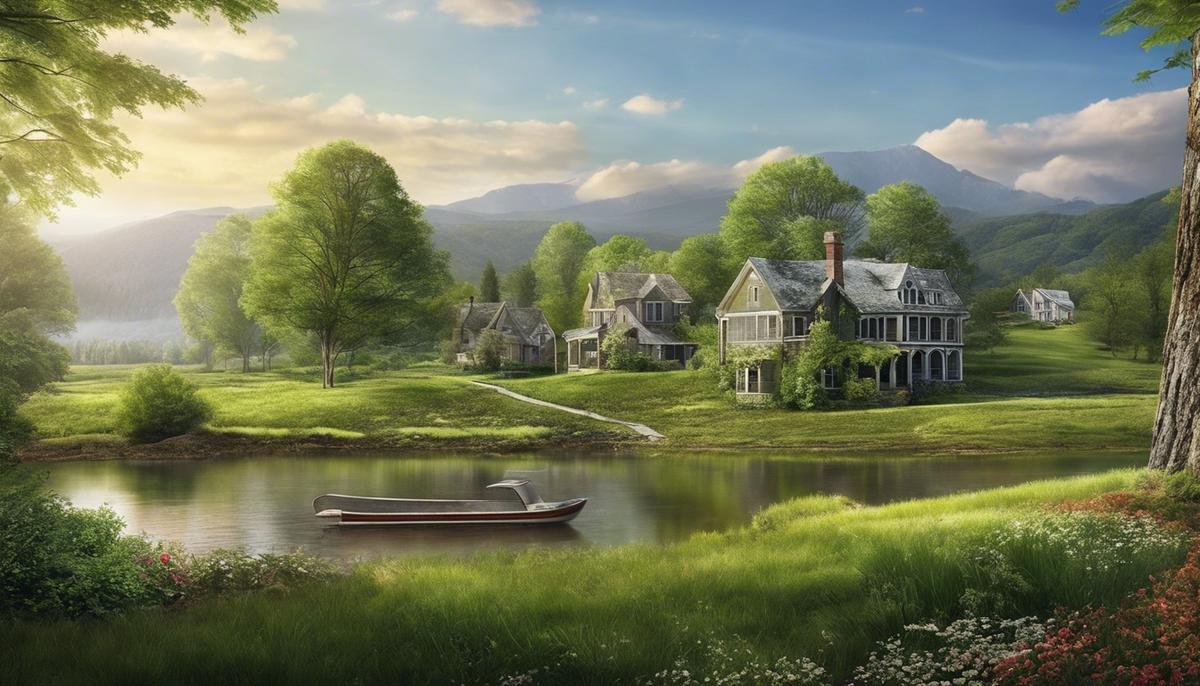 A scenic image depicting a landscape that has undergone asbestos abatement, with restored buildings and green spaces.