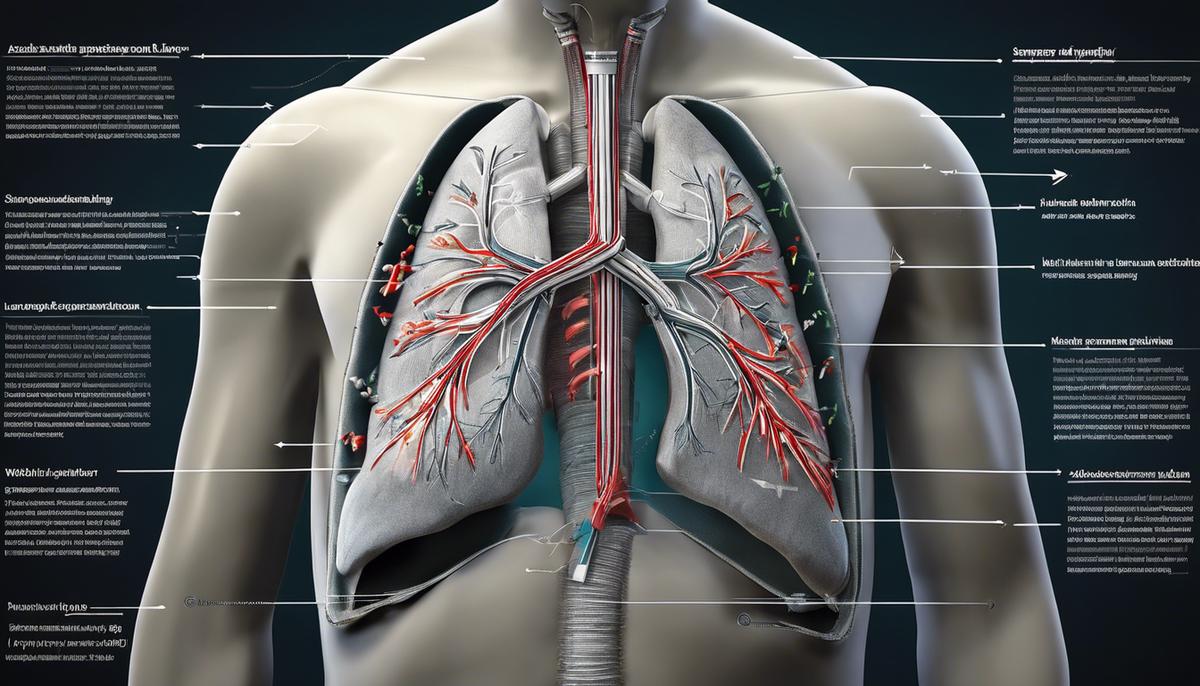 An image depicting the effects of asbestos exposure, showing the impact on the lungs with interconnected arrows indicating respiratory health complications.