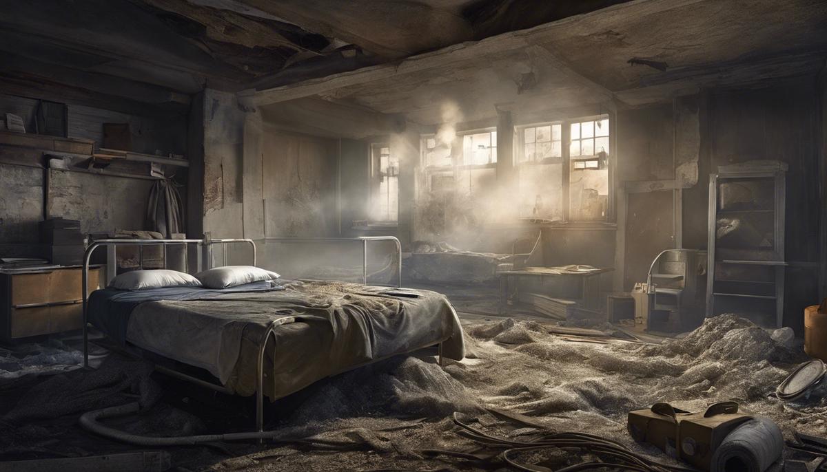 A depiction of the health hazards caused by exposure to asbestos.