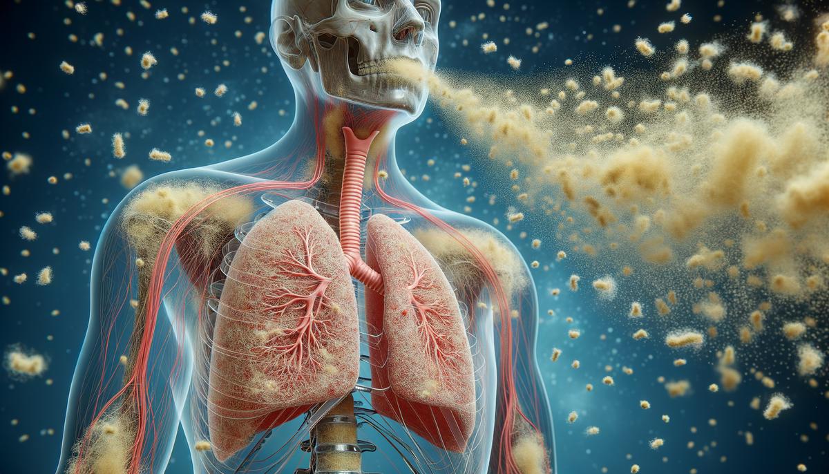 Image of microscopic asbestos fibers being inhaled into the lungs