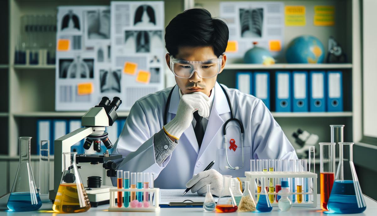 Image of a medical researcher in a lab conducting experiments related to asbestos-related diseases