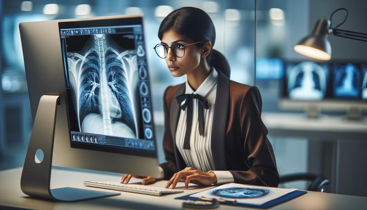 Image of a researcher looking at a lung scan on a computer screen