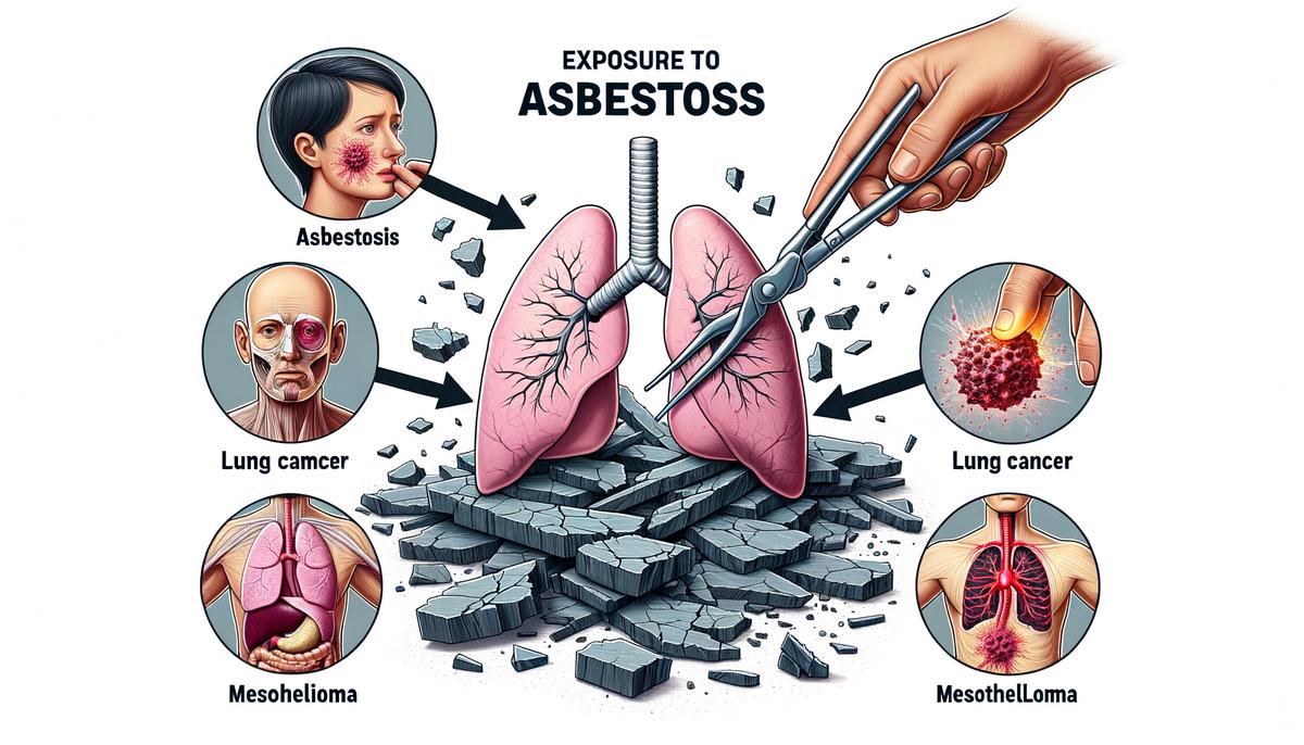 A visual representation of the various health risks associated with exposure to asbestos, including asbestosis, lung cancer, and mesothelioma