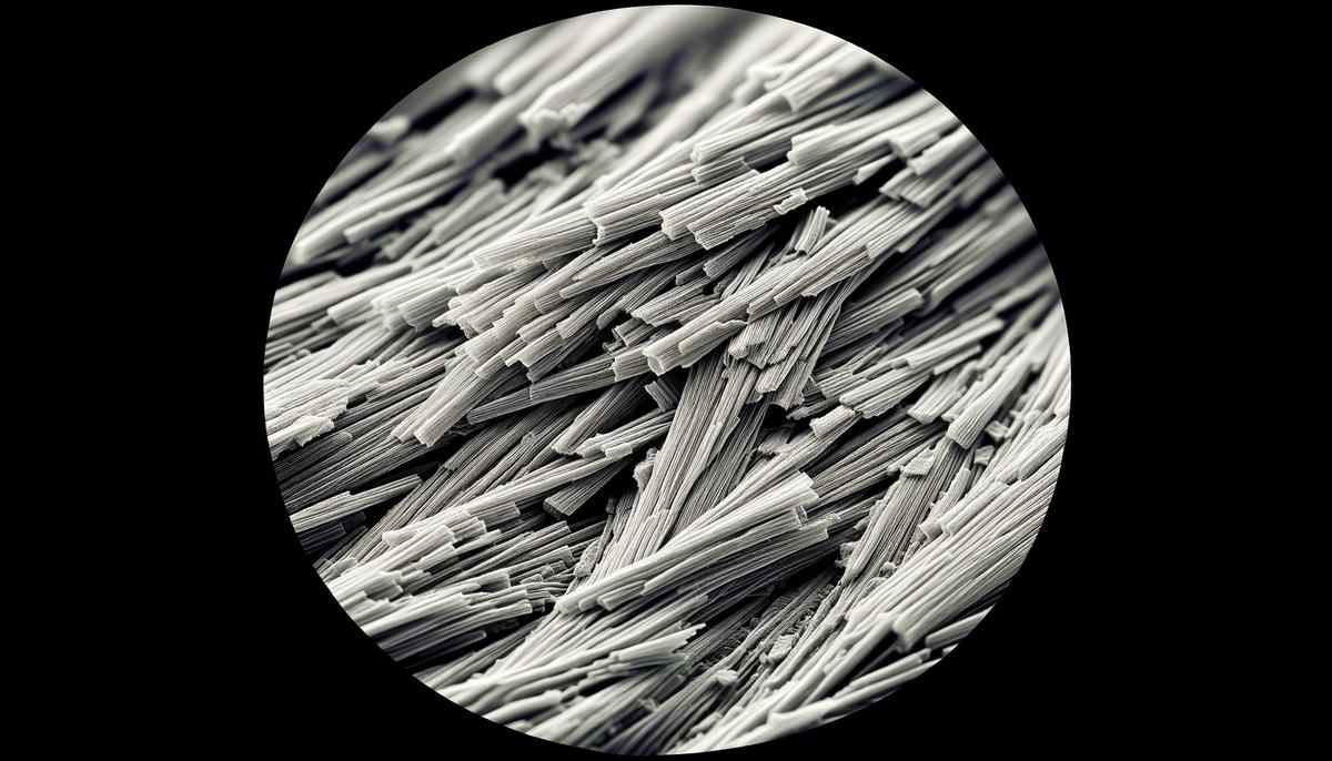 Asbestos fibers under a microscope, showing their thin and durable structure