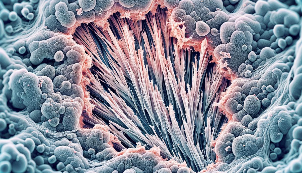 Image of chrysotile fibers in lung tissue, highlighting the health risks associated with asbestos exposure