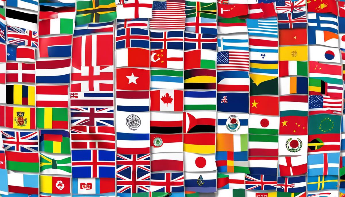 The image shows international flags representing the global policies surrounding asbestos.