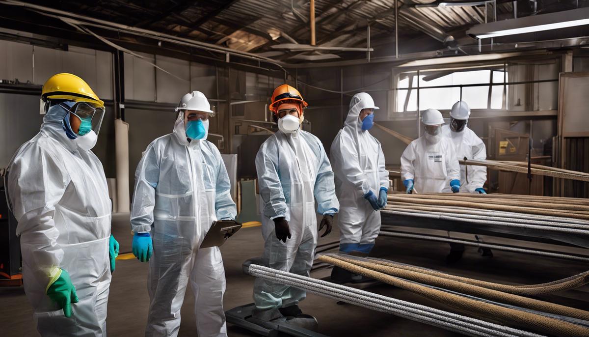 Image illustrating the process of mitigating asbestos risks with different intervention strategies, showcasing a diverse range of safety protocols and protective equipment.